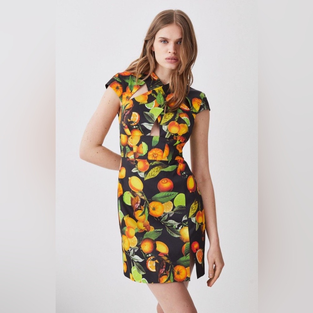NWT KAREN MILLEN Italian Signature Citrus Print Cross Front Mini Dress